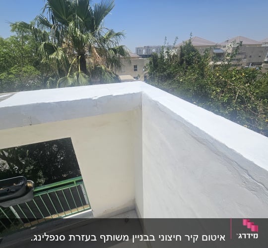 מעקה מרפסת צבוע בלבן עם עציץ תלוי